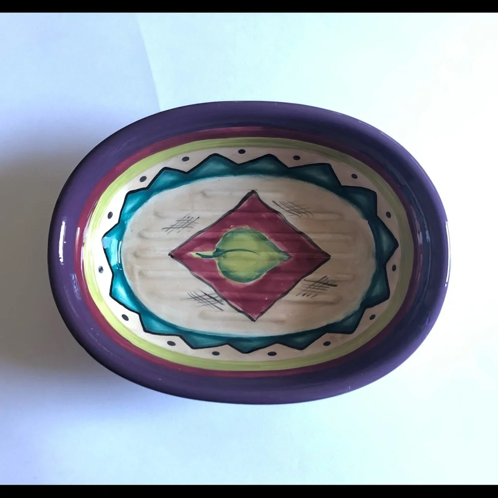 Dish ceramic decorative purple, soft red, turquoise, and lime - Picture 6 of 6